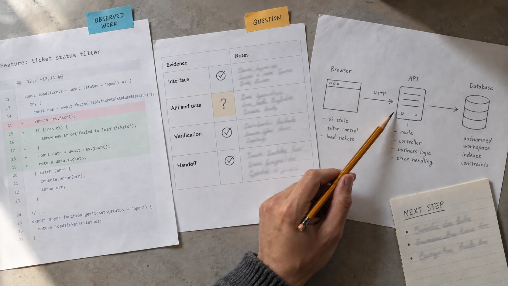 Illustrative ticket-filter assessment materials with an evidence grid, API question, and browser-to-database sketch.