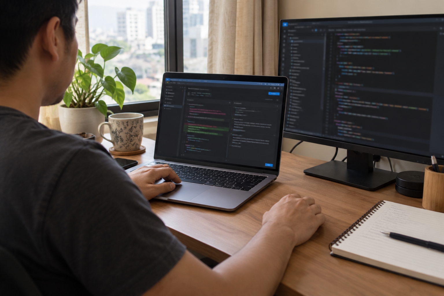 Illustrative scene of an engineer reviewing a software change at a desk with a laptop and notes.